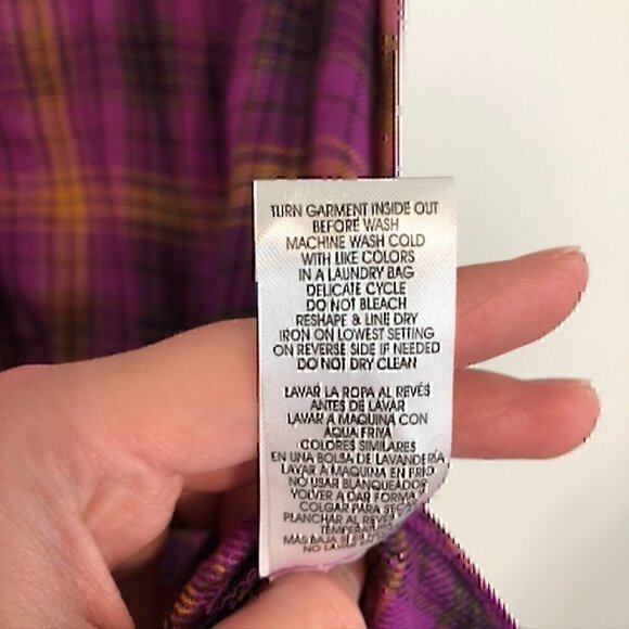 NEW NWT DEMOCRACY Long Sleeve Ruffle Neckband Plaid Button Down Shirt Purple S - Picture 11 of 13